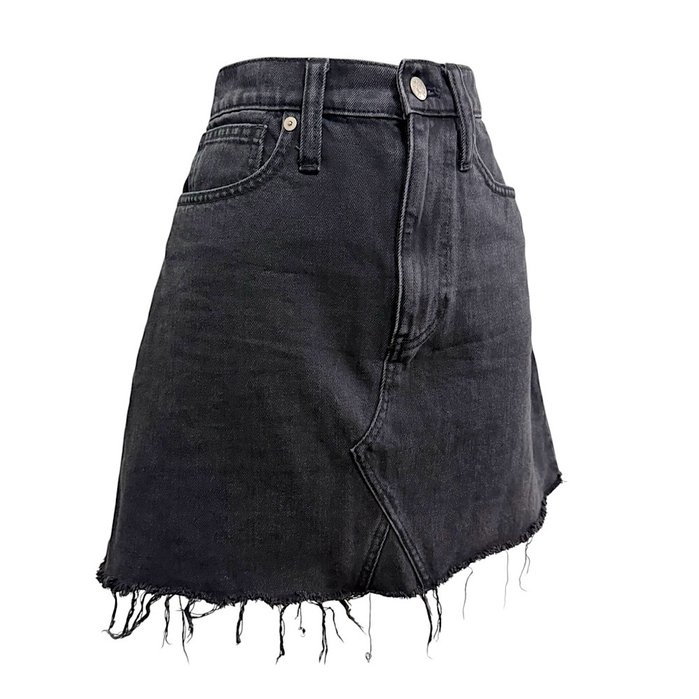 Madewell Frisco 70’s High Rise Black Wash Raw Hem A-Line Denim Mini Skirt 27 - Picture 6 of 12